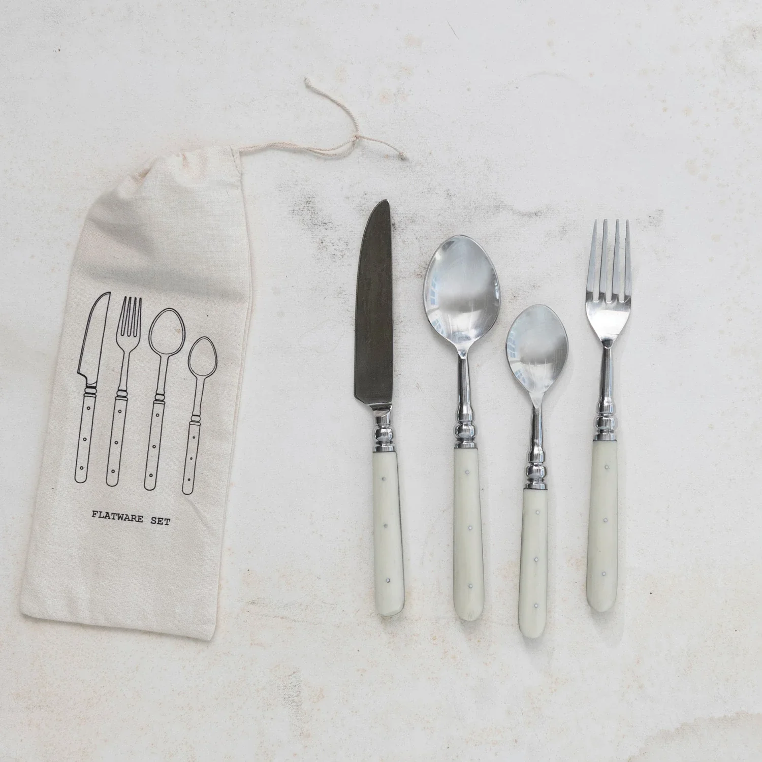 Stainless Steel & Resin Cutlery, Cream Color, Set of 4 in Printed Drawstring Bag - Image 2