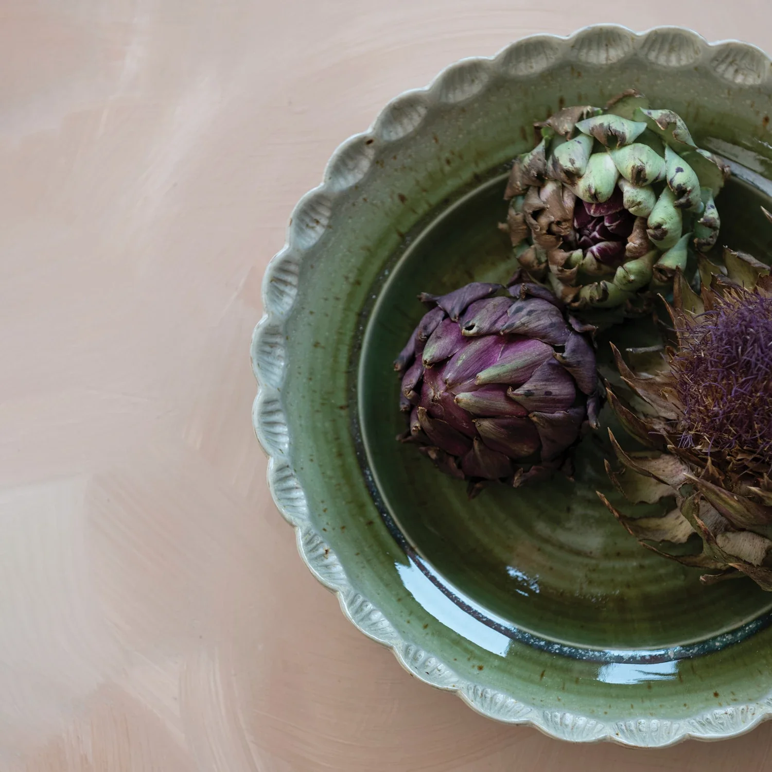 Stoneware Bowl w/ Scalloped Edge, Reactive Glaze, Green (Each One Will Vary) - Image 2