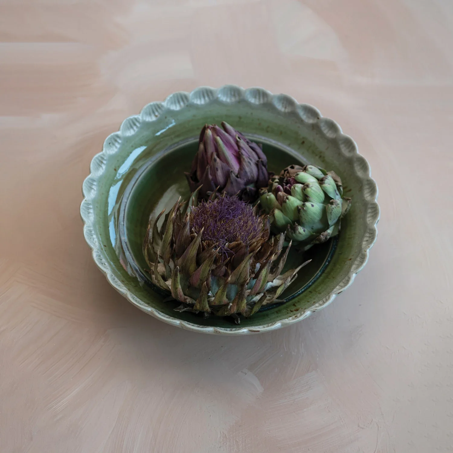 Stoneware Bowl w/ Scalloped Edge, Reactive Glaze, Green (Each One Will Vary) - Image 4