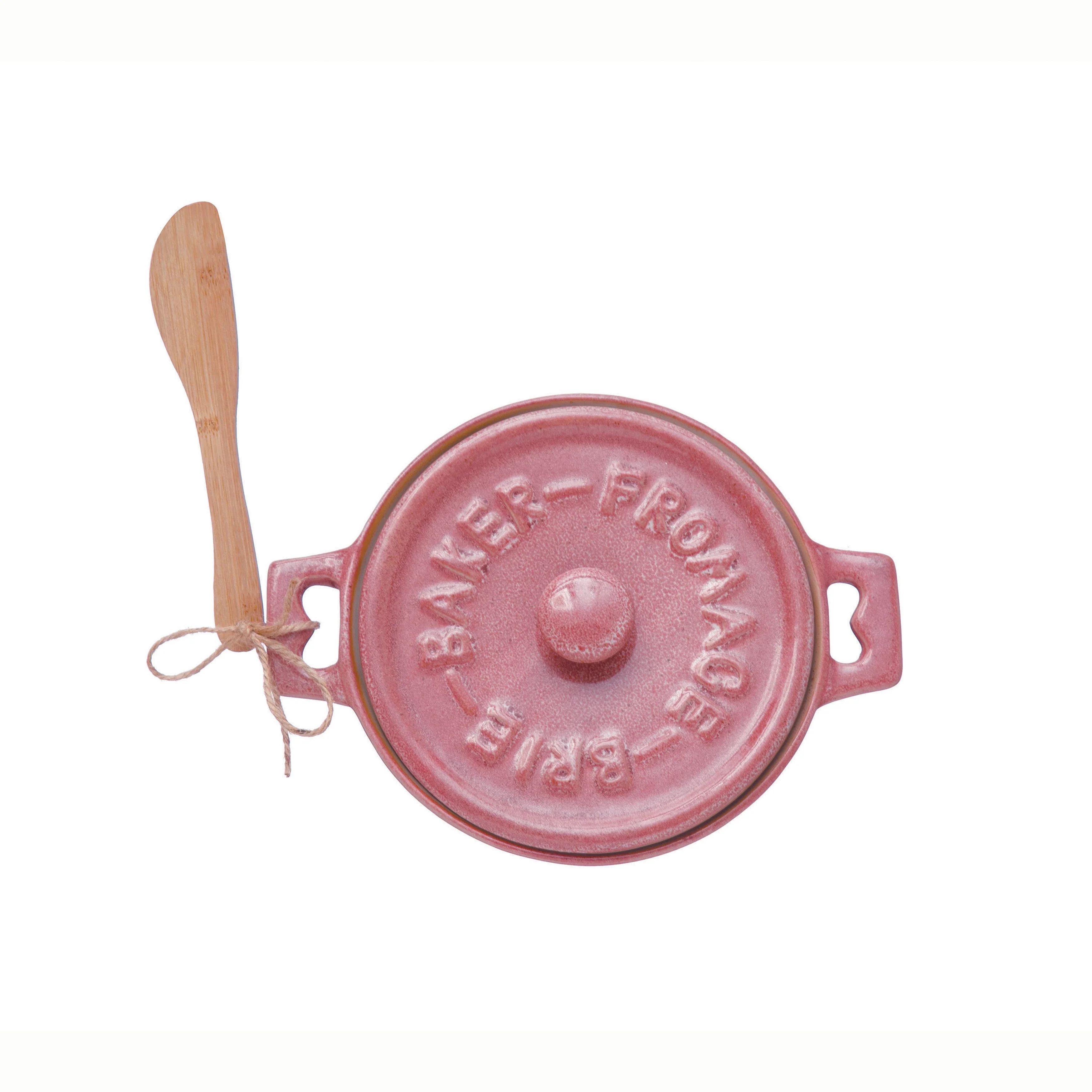 Stoneware Brie Baker with Bamboo Spreader, Pink - Image 3