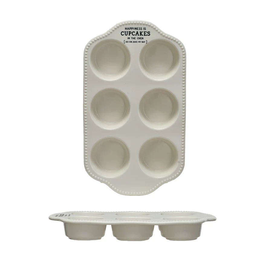 Stoneware Muffin Pan w/ Hobnail Edge & Wax Relief Saying - Image 2