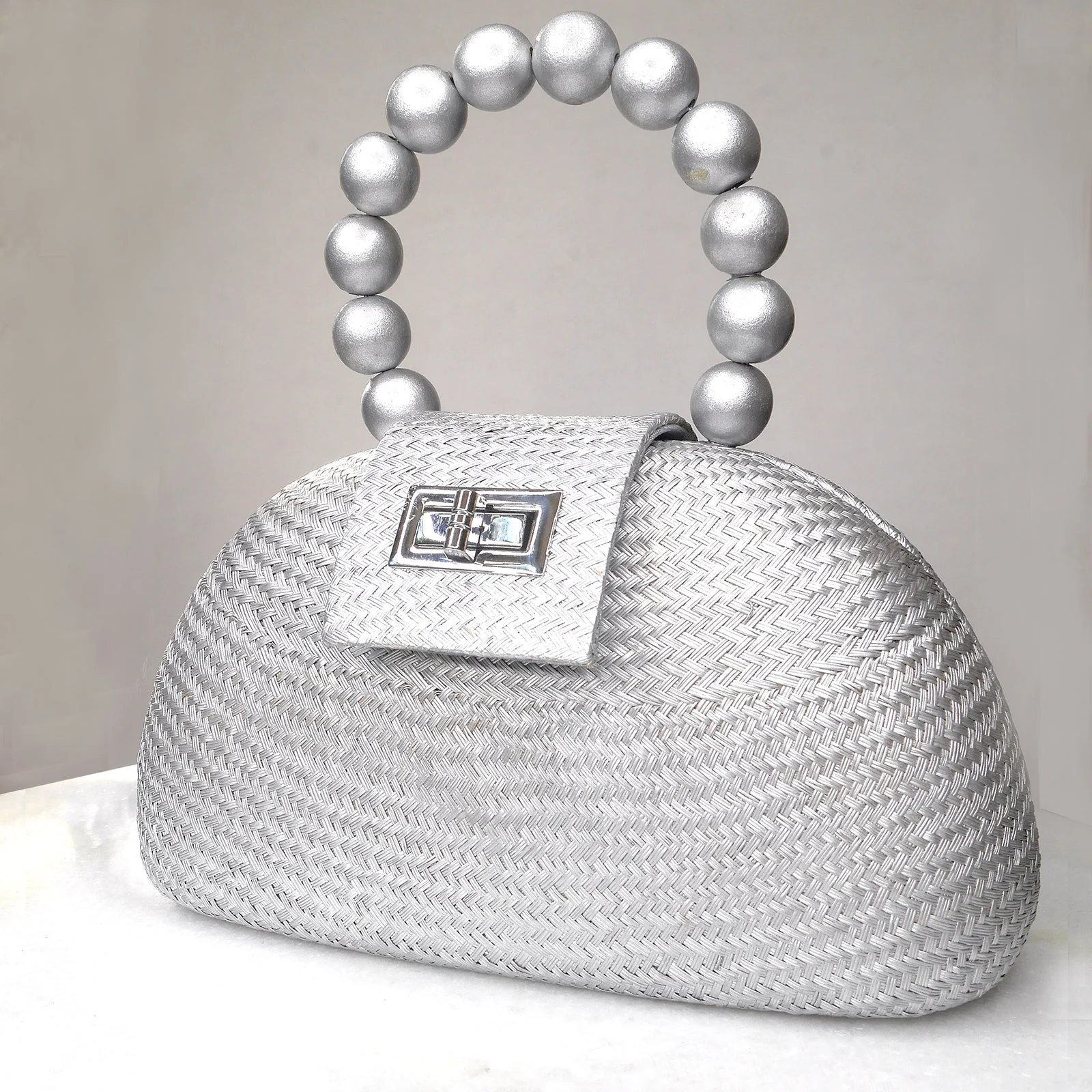 THE ORLA Silver Woven Straw & Wooden Bead Statement Clutch Bag - Image 3