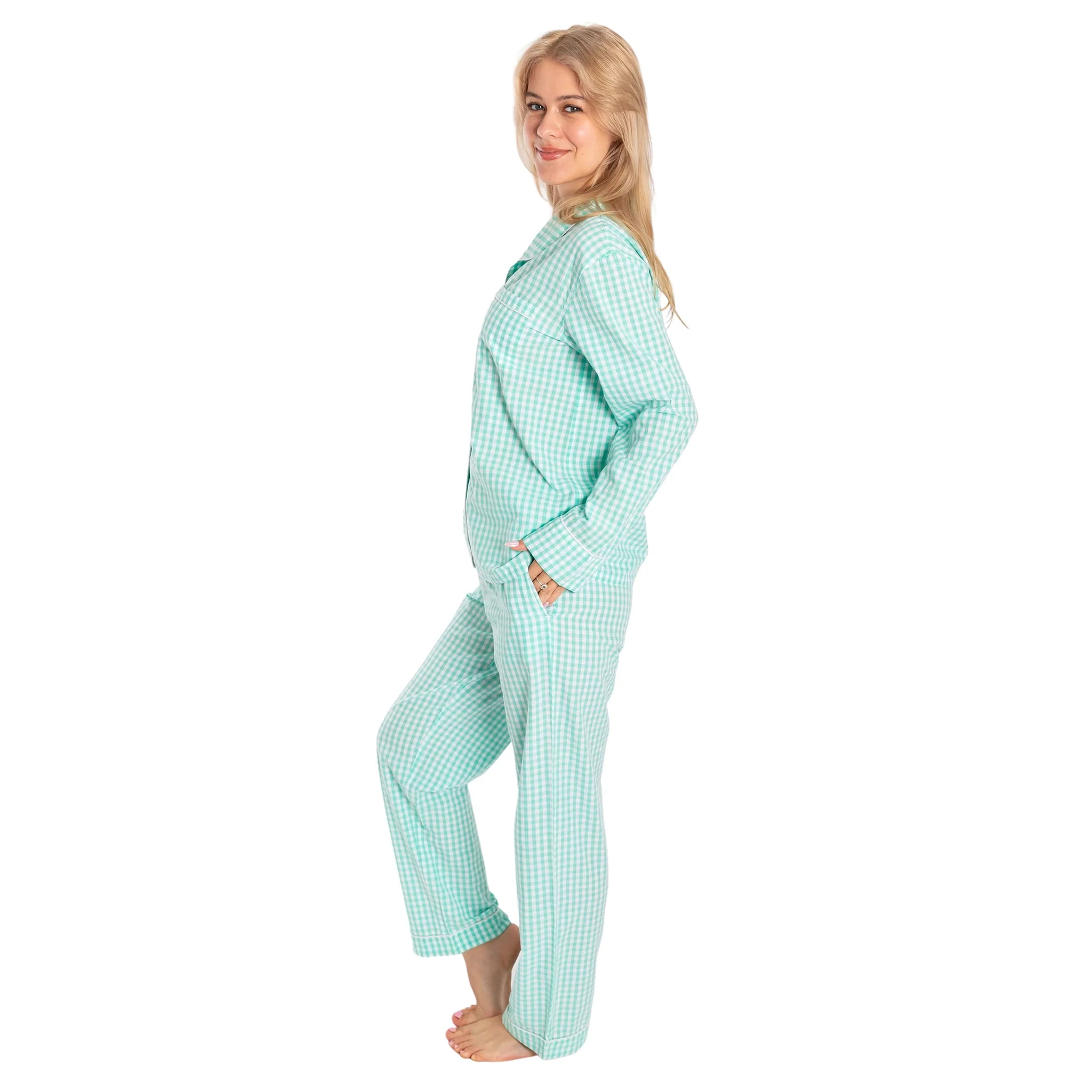 Women's Hepburn Gingham Mint Long PJ Set - Image 6