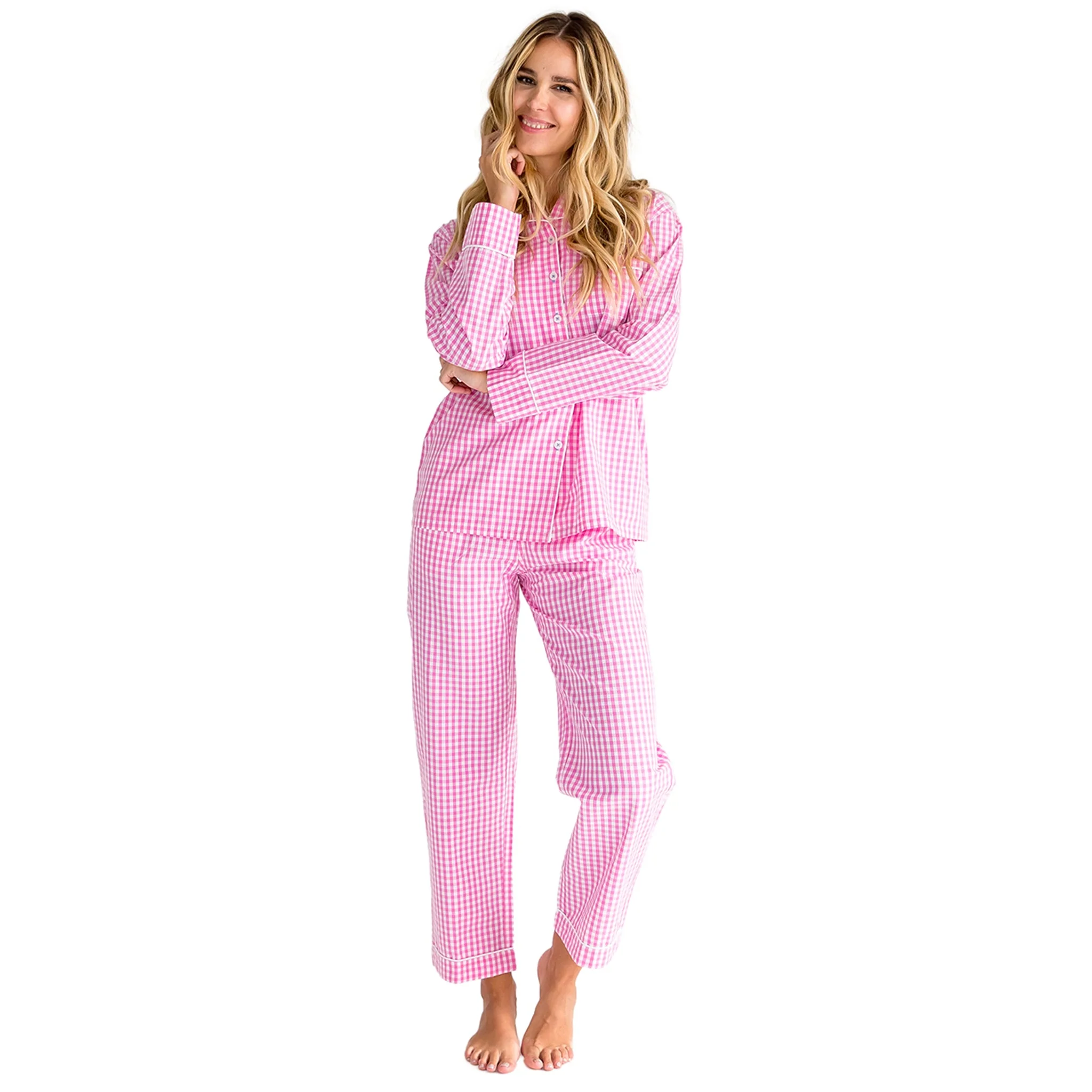 Women's Hepburn Gingham Pink Long PJ Set - Image 9