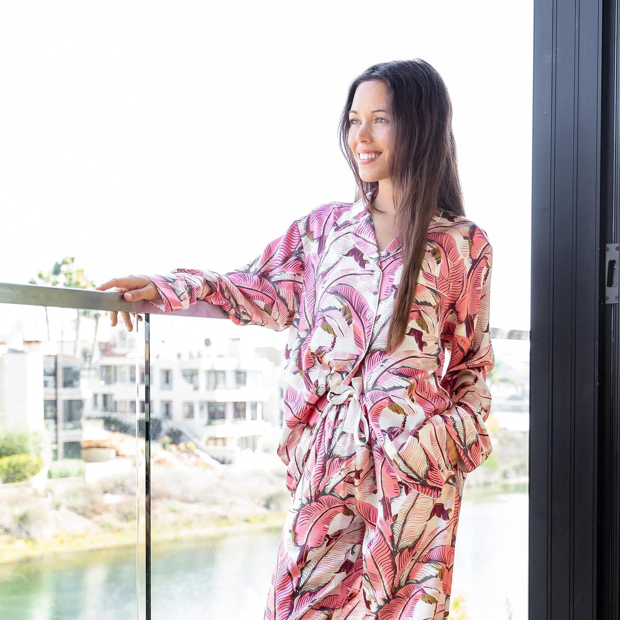 Women's Martinique® Pink Banana Leaf Long PJ Set - SILK - Image 11