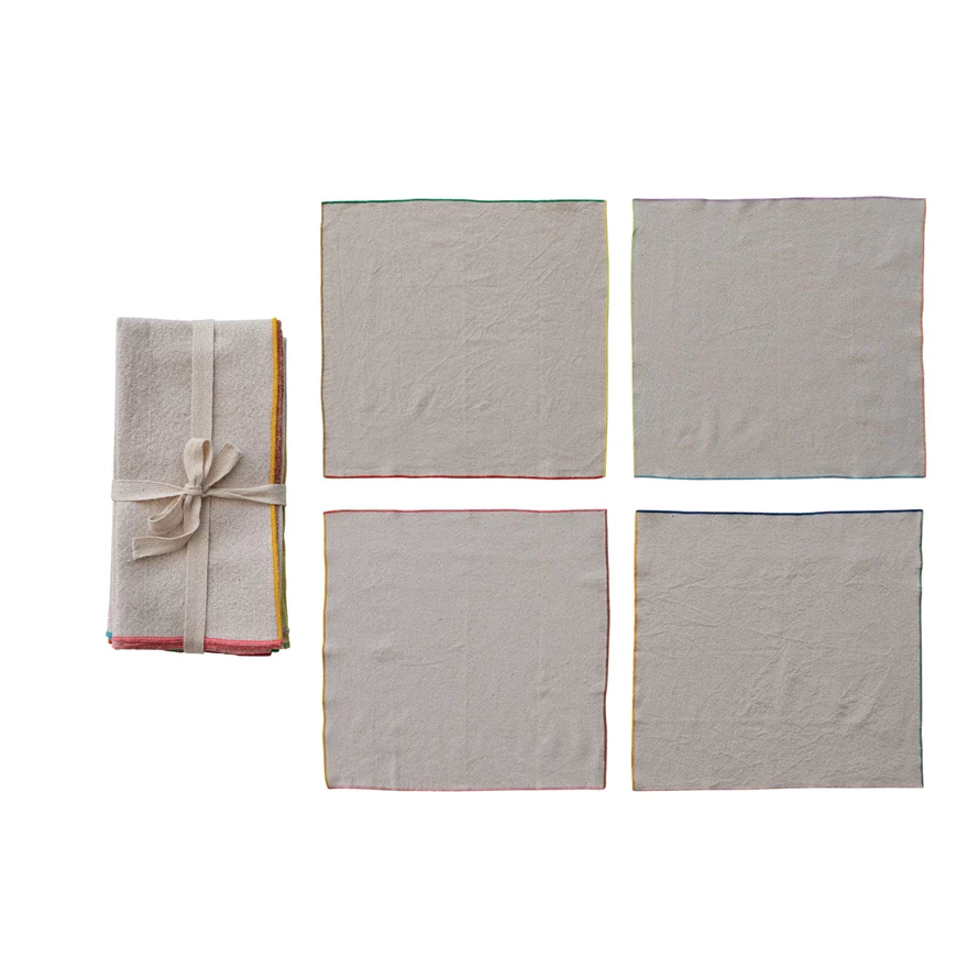 Woven Cotton Napkins w/ Stitched Colored Edge - Set of 4