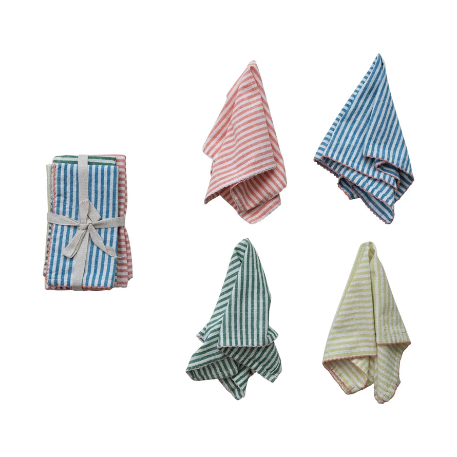 Woven Cotton Striped Napkins w/ Stitched Colored Trim - Set of 4 - Image 2