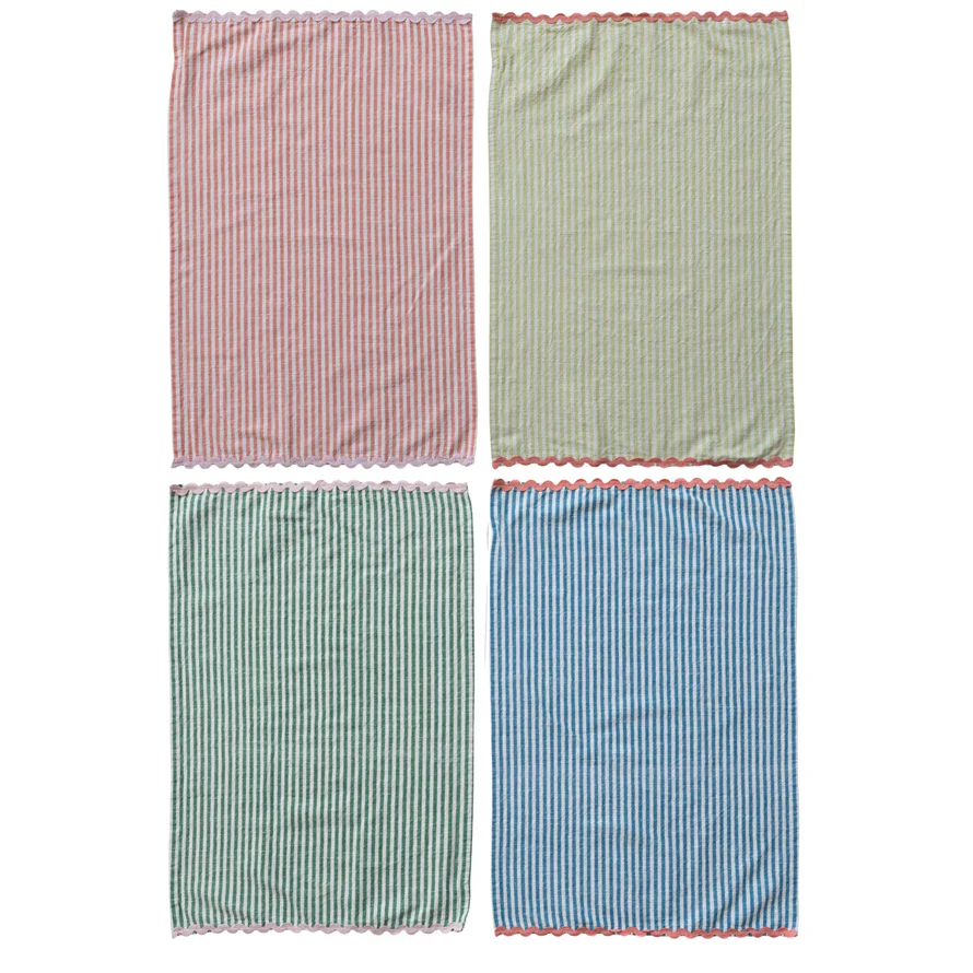 Woven Cotton Striped Tea Towel w/ Ric Rac Trim